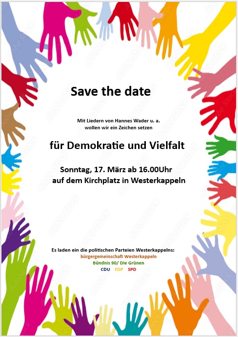 Save the date: Gemeinsam für Demokratie und Vielfalt – Sonntag, 17.03.2024, 16 Uhr auf dem Kirchplatz Westerkappeln